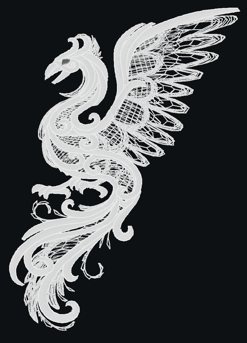 Dark Creatures Phoenix embroidery design, shown as it stitches: light thread on black