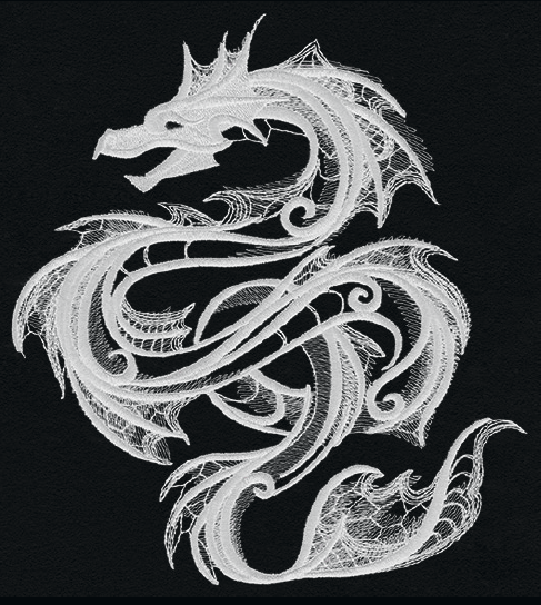Dark Creatures Sea Serpent embroidery design, shown as it stitches: light thread on black