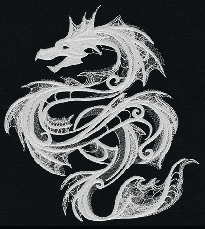 Dark Creatures Sea Serpent embroidery design, shown as it stitches: light thread on black
