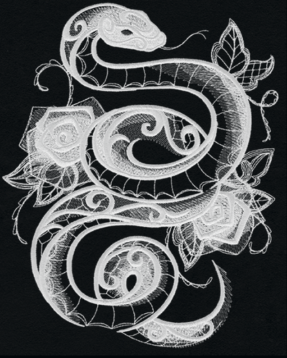 Dark Creatures Snake embroidery design, shown as it stitches: light thread on black