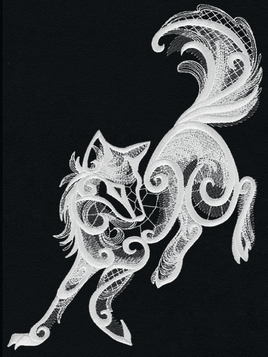 Dark Creatures Wolf embroidery design, shown as it stitches: light thread on black