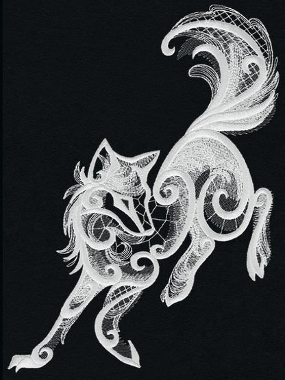 Dark Creatures Wolf embroidery design, shown as it stitches: light thread on black