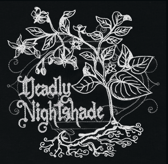 Deadly Nightshade embroidery design, shown as it stitches: light thread on black