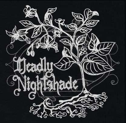 Deadly Nightshade embroidery design, shown as it stitches: light thread on black