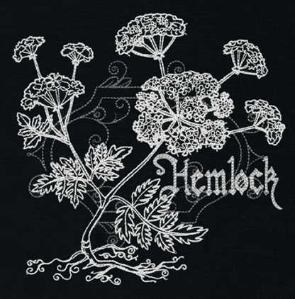 Hemlock embroidery design, shown as it stitches: light thread on black