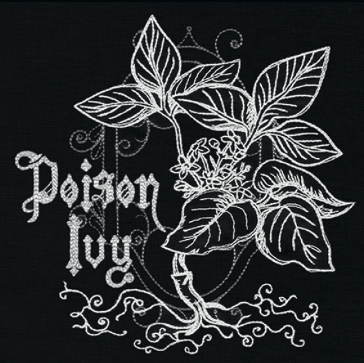 Poison Ivy embroidery design, shown as it stitches: light thread on black