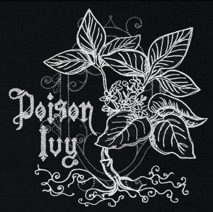 Poison Ivy embroidery design, shown as it stitches: light thread on black