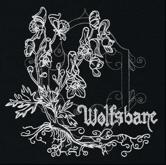 Wolfsbane embroidery design, shown as it stitches: light thread on black