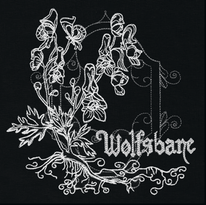 Wolfsbane embroidery design, shown as it stitches: light thread on black