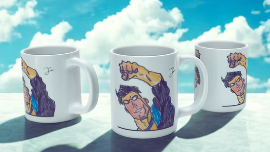 Three mugs with cartoon character designs on a white surface with a blue sky background