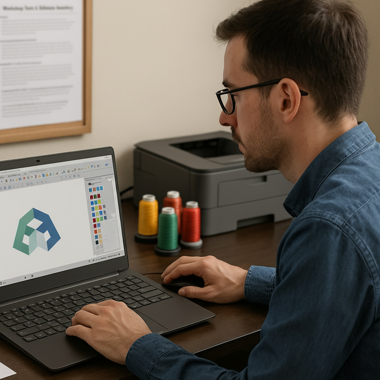 Man working on a laptop with embroidery design software at a desk.