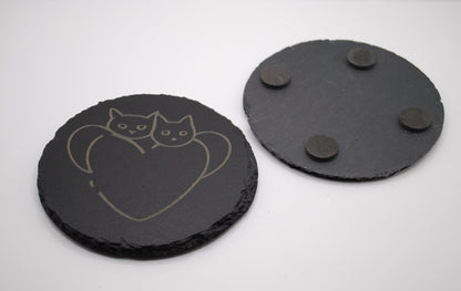 Engraved Slate Coaster – Two Cats in Heart Design | Rustic Stone Drink Coaster for Cat Lovers