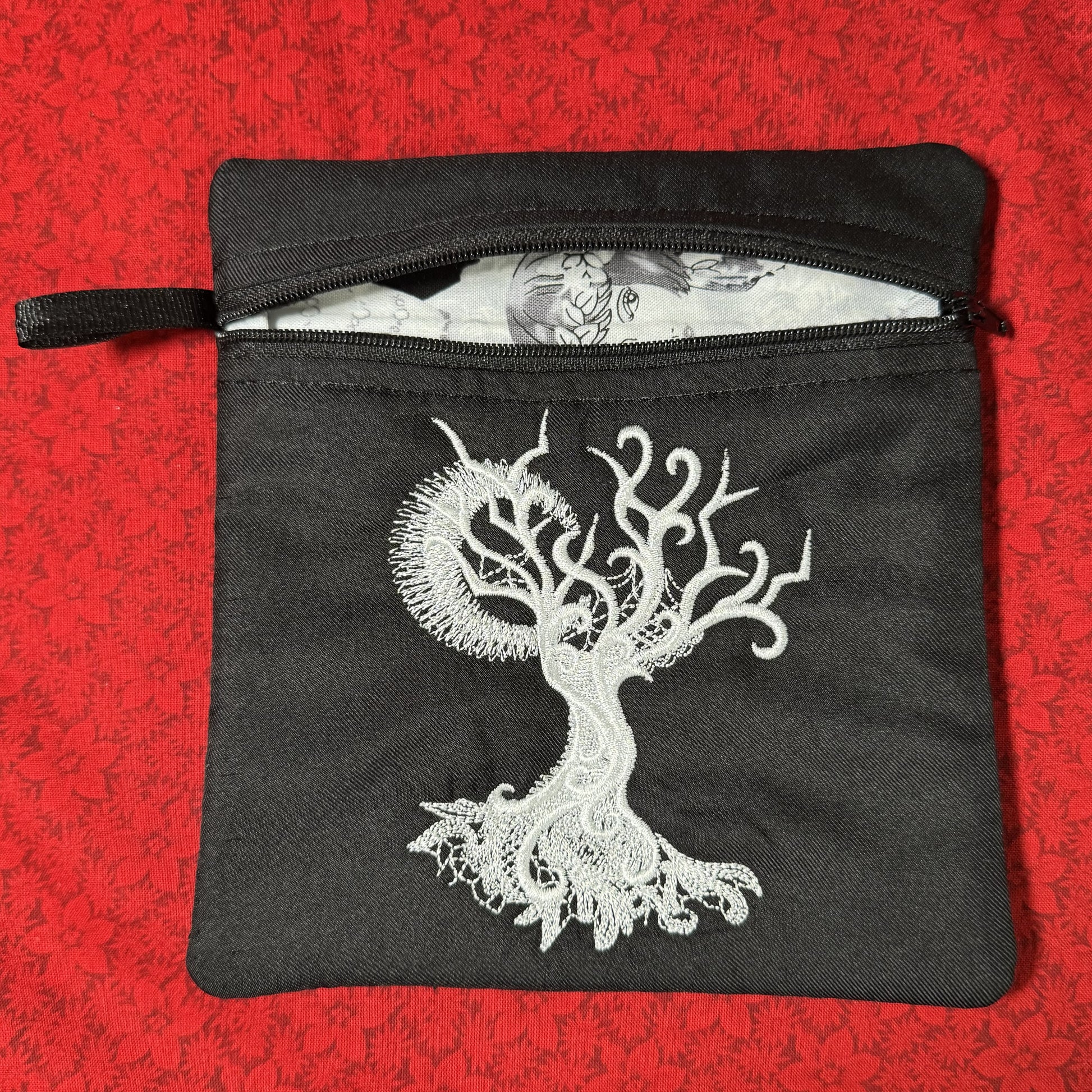 Black zippered pouch with white gothic tree embroidery, Ghost Baroque lace design